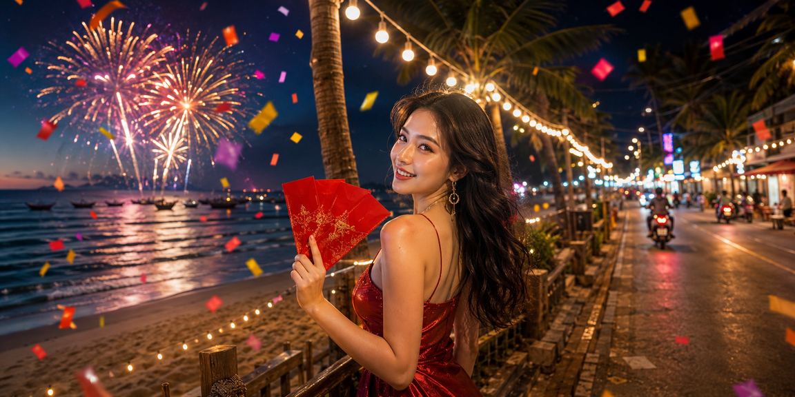 Phong bì đỏ may mắn và bãi biển Mũi Né – hình ảnh thưởng Tết và lễ hội truyền thống Việt Nam